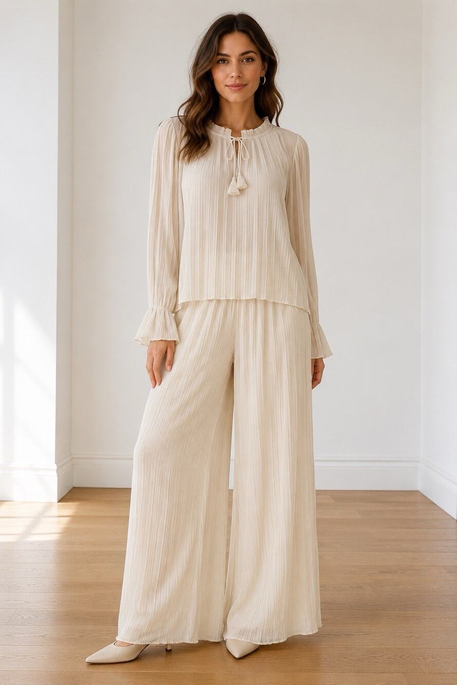 MISA Los Angeles Cream Pleated Blouse Wide Leg Pants 2 Piece Set Minimalist Sm